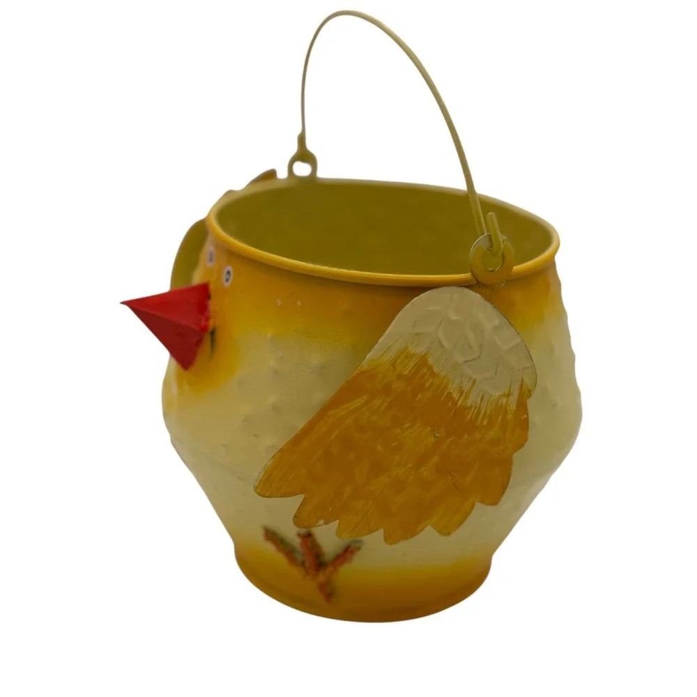 Retro Easter Chick Metal Basket Yellow Spring Cottage Decor 5.25